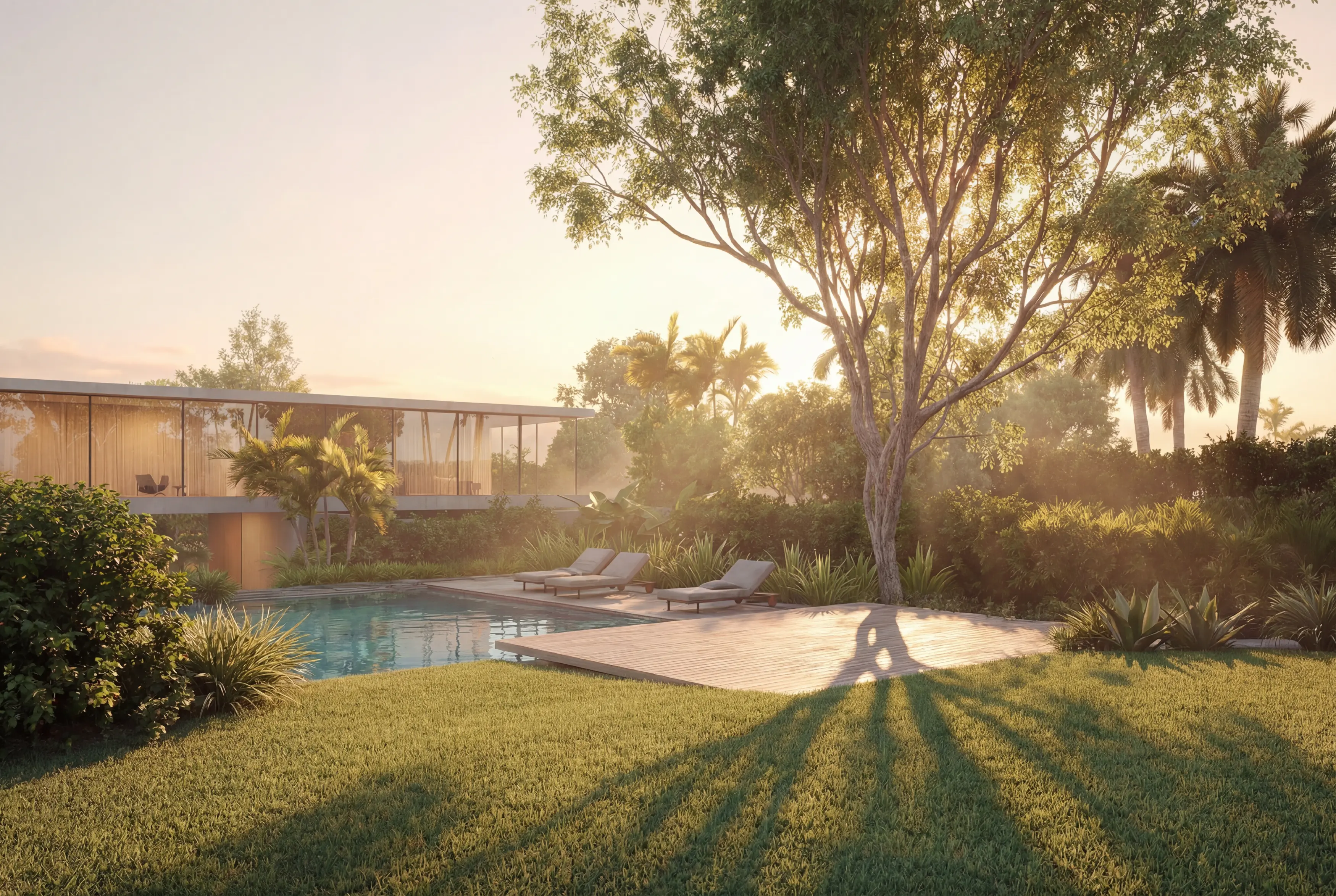 A tree and a pool in an outdoor area.