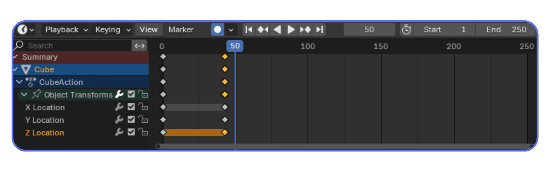 Blender timeline showing keyframes for object location animation