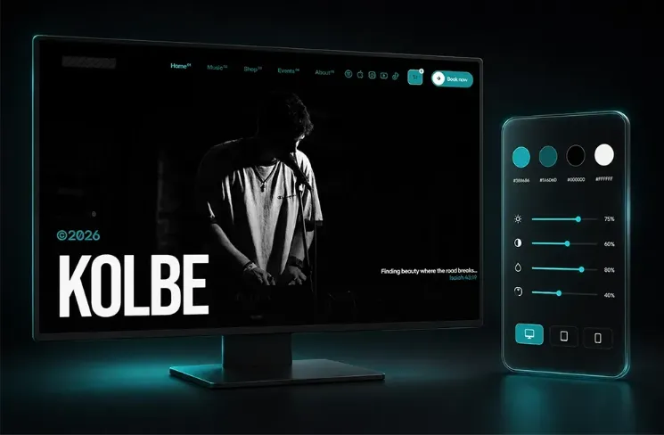 Dark teal musician artist portfolio website homepage with black-and-white hero photo