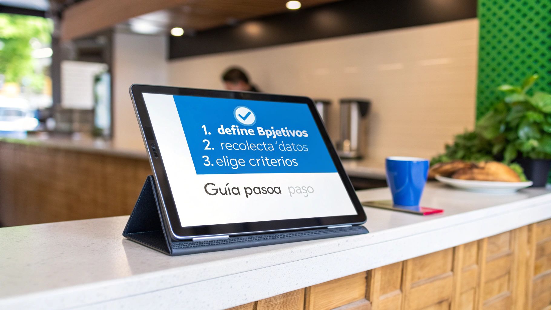 Tablet en mostrador de cafetería con pantalla azul mostrando una guía de tres pasos para definir objetivos.