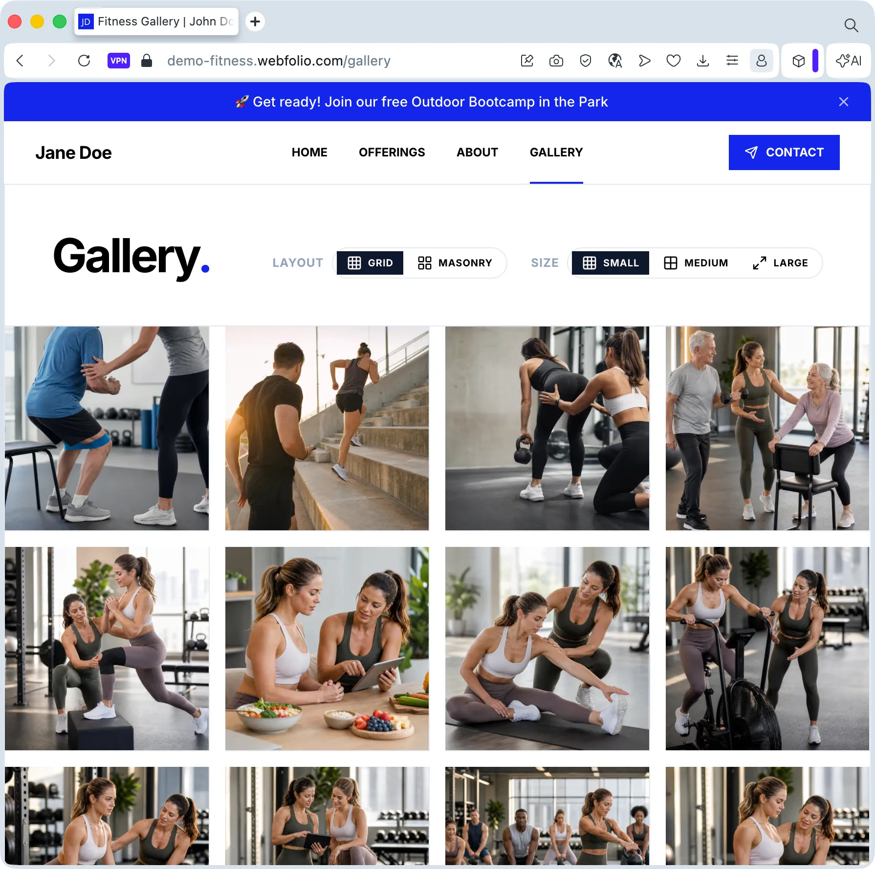 Personal trainer website gallery with fitness photos and training images