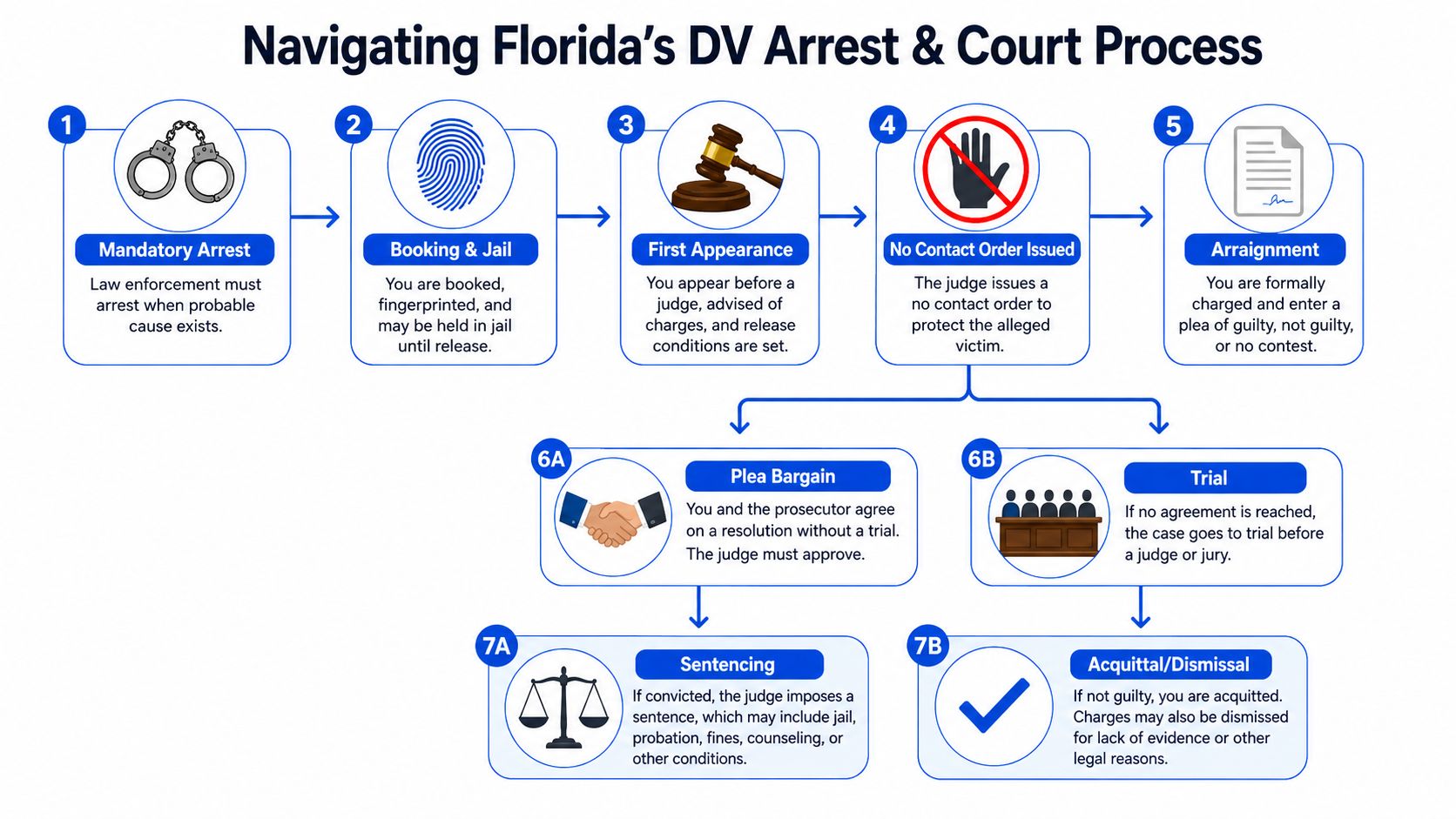 An infographic detailing the chronological steps of the domestic violence arrest and court process in Florida.