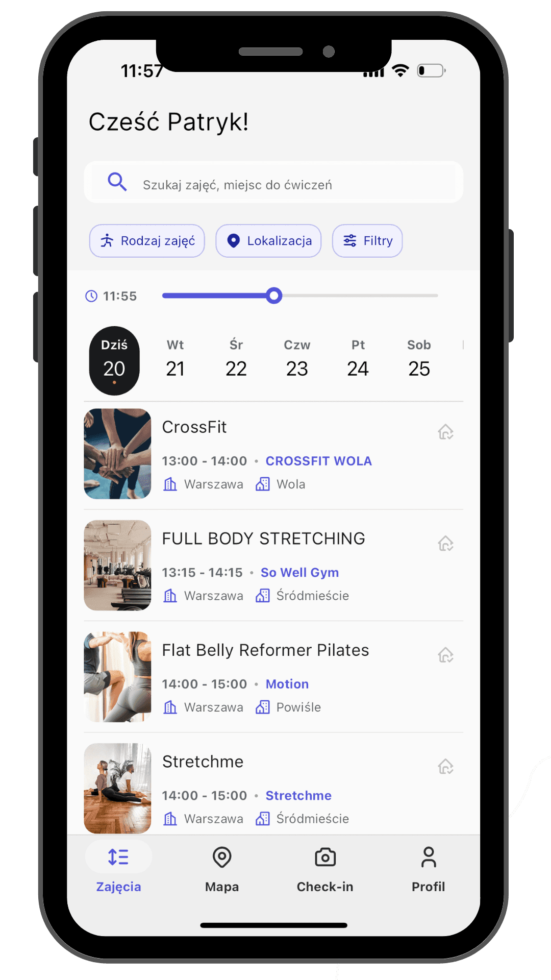 Ekran wyszukiwania zajęć YogaBeat Warszawa.