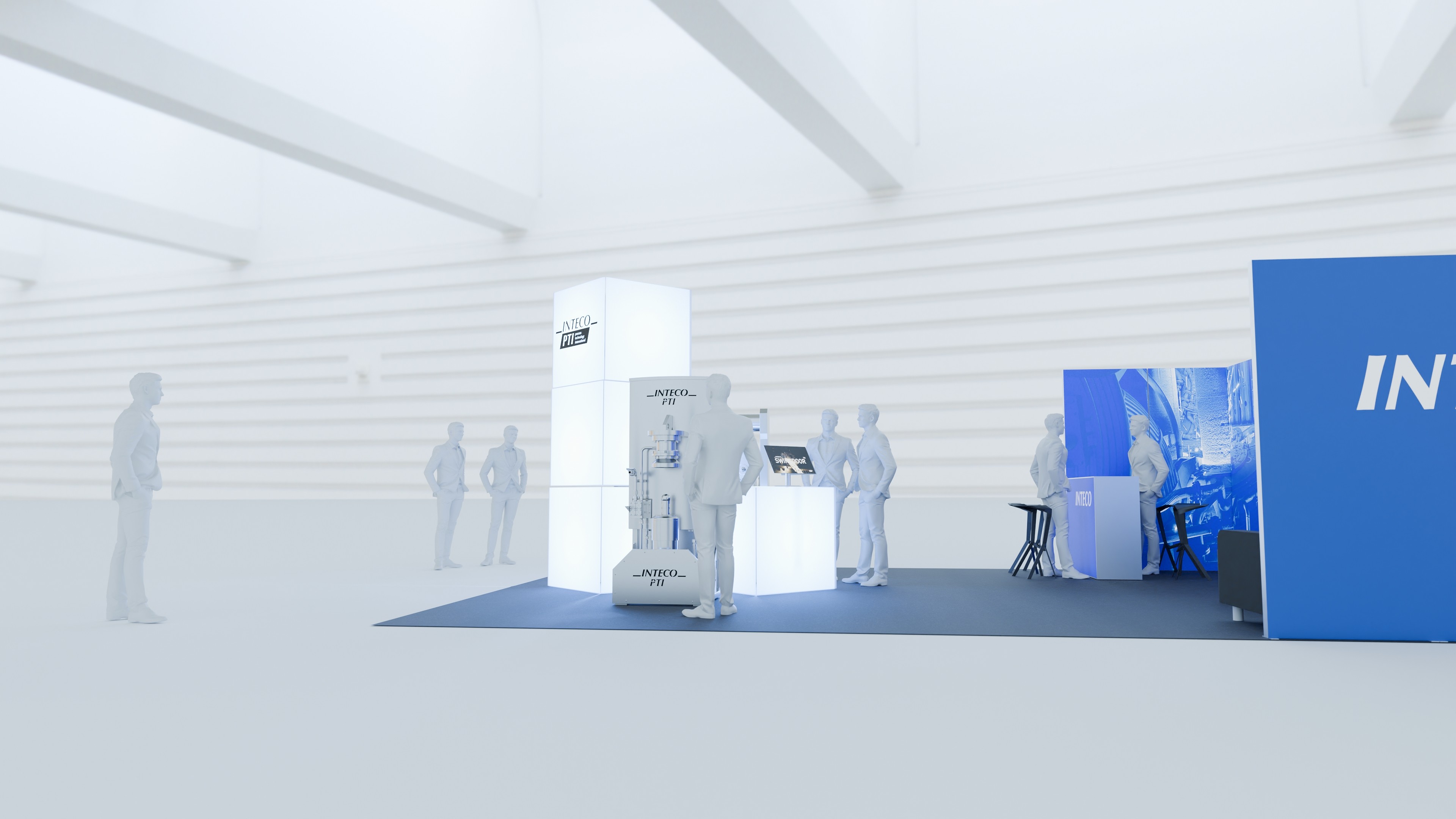 Minimal exhibition stand design for Inteco visualized in a neutral environment