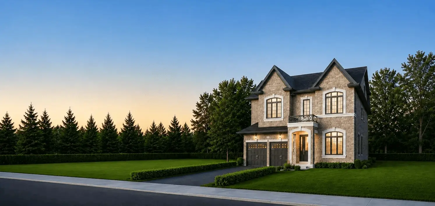 New infill home at Rosebank Road Pickering — stone facade custom build by Highglen Homes in established neighbourhood