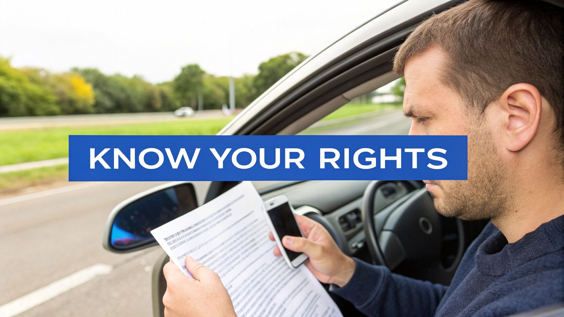 A man in a car holds documents and a phone, with a blue banner displaying 'KNOW YOUR RIGHTS'.