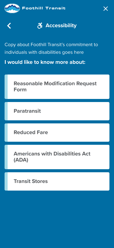 Foothilltransit.org mobile site menu accessibility options