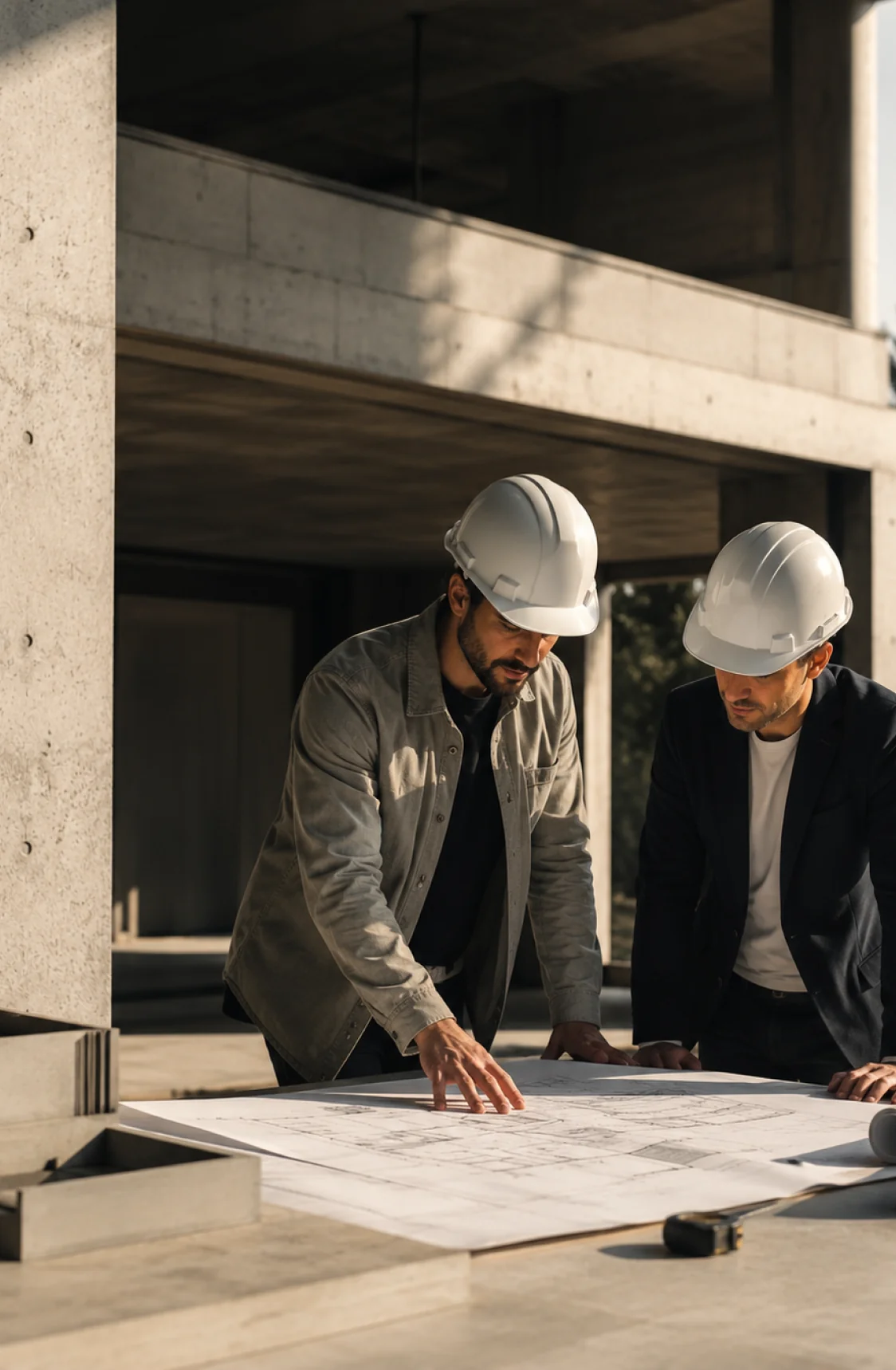 Two architects reviewing construction blueprints on site