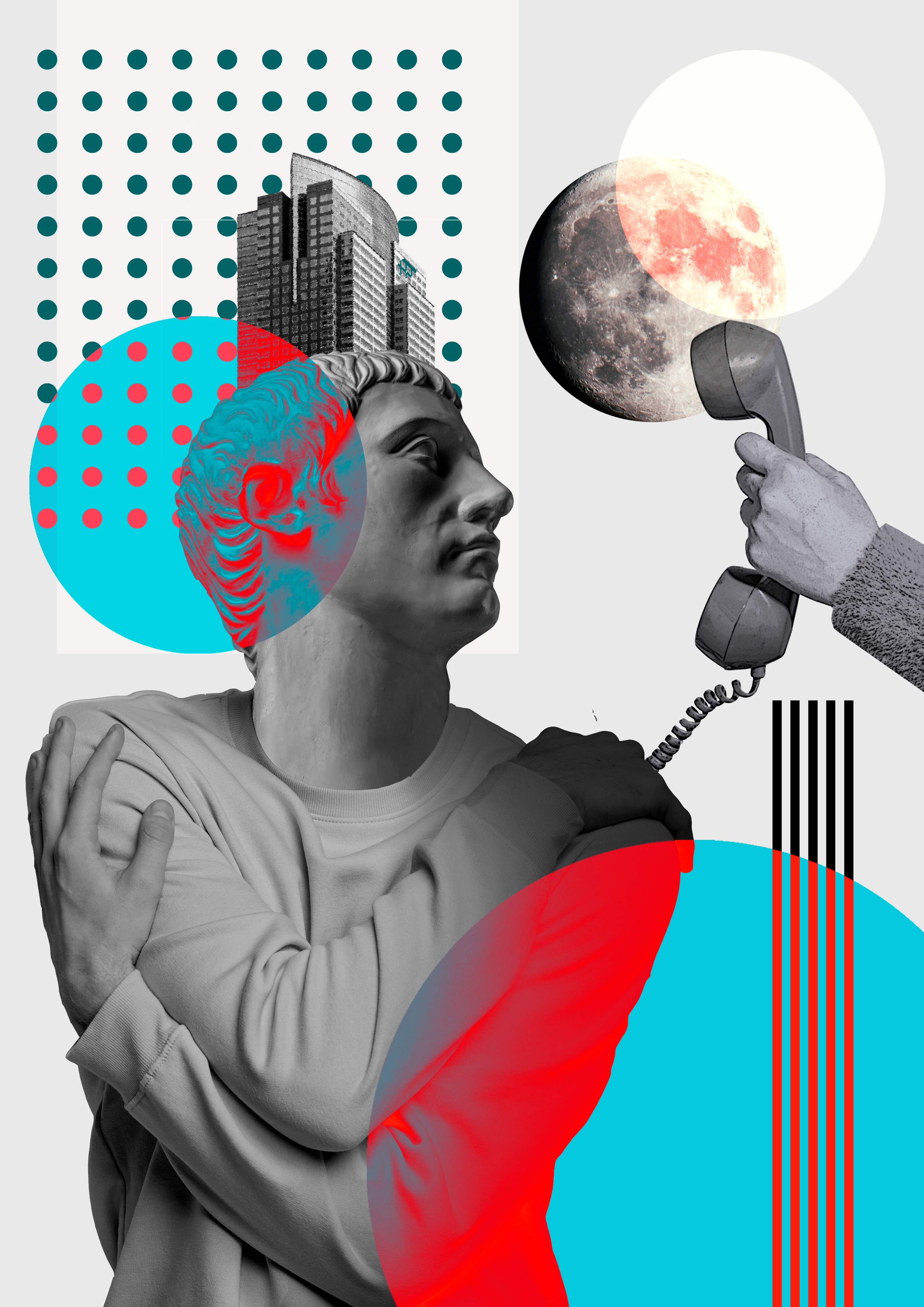Surreal collage with a grayscale statue of a man embracing himself, a hand holding a phone receiver to the moon, and colorful abstract shapes and city buildings in the background.