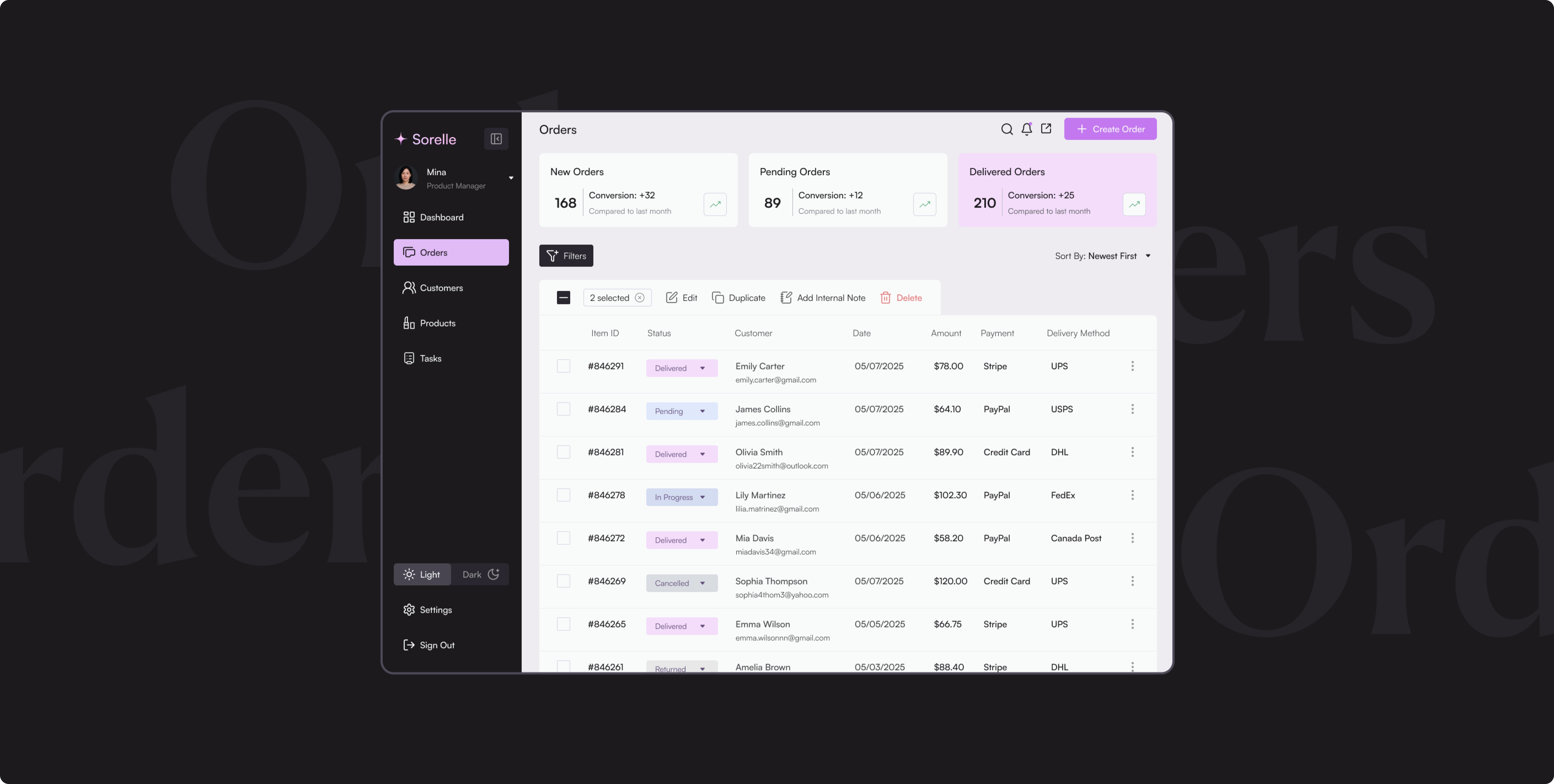 Desktop interface displaying Sorelle’s task management screen with organized table layout and filters for easy navigation.