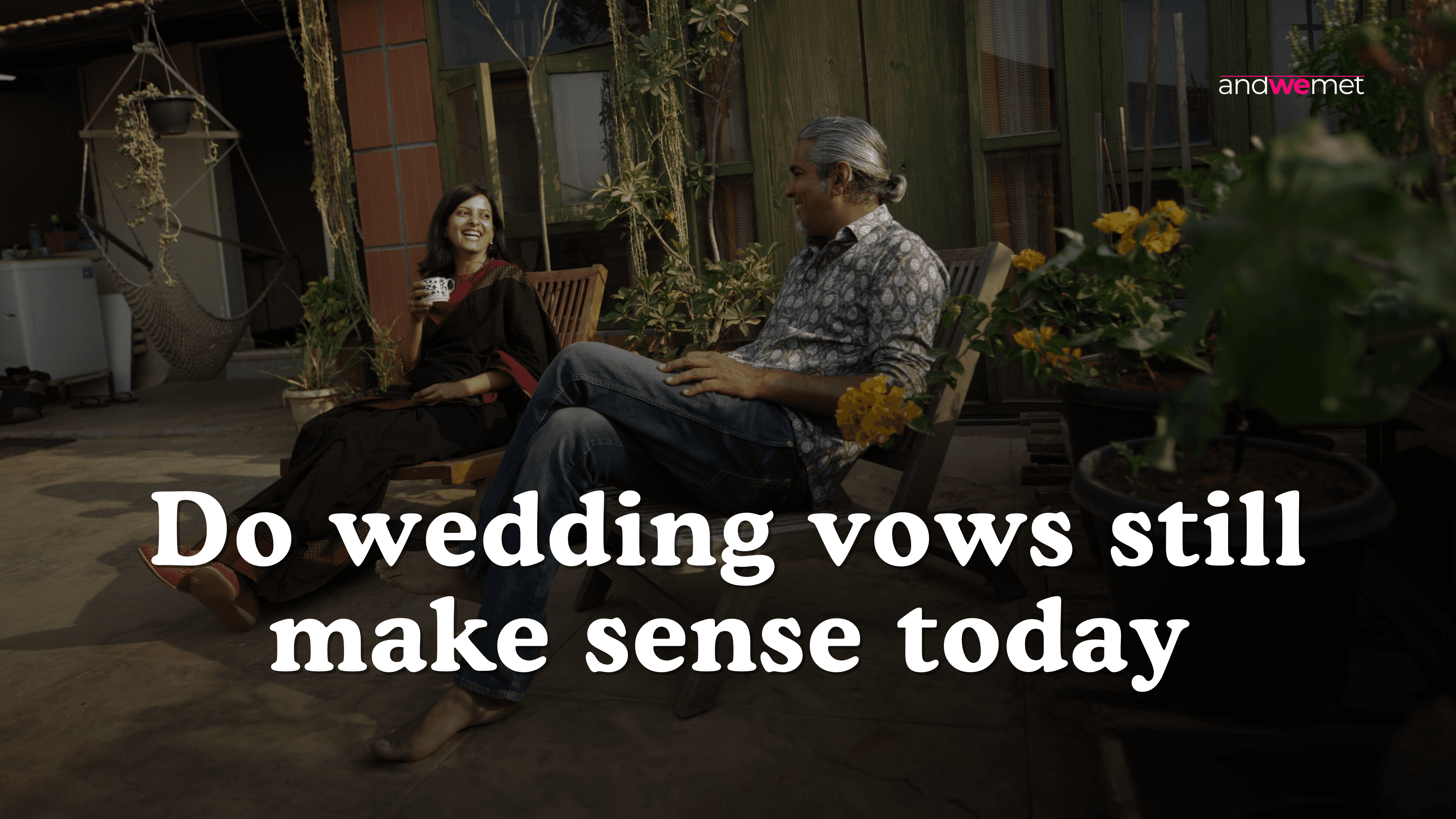 Mature couple relaxing on outdoor patio discussing modern relationships and marriage commitment - andwemet blog on contemporary wedding vows