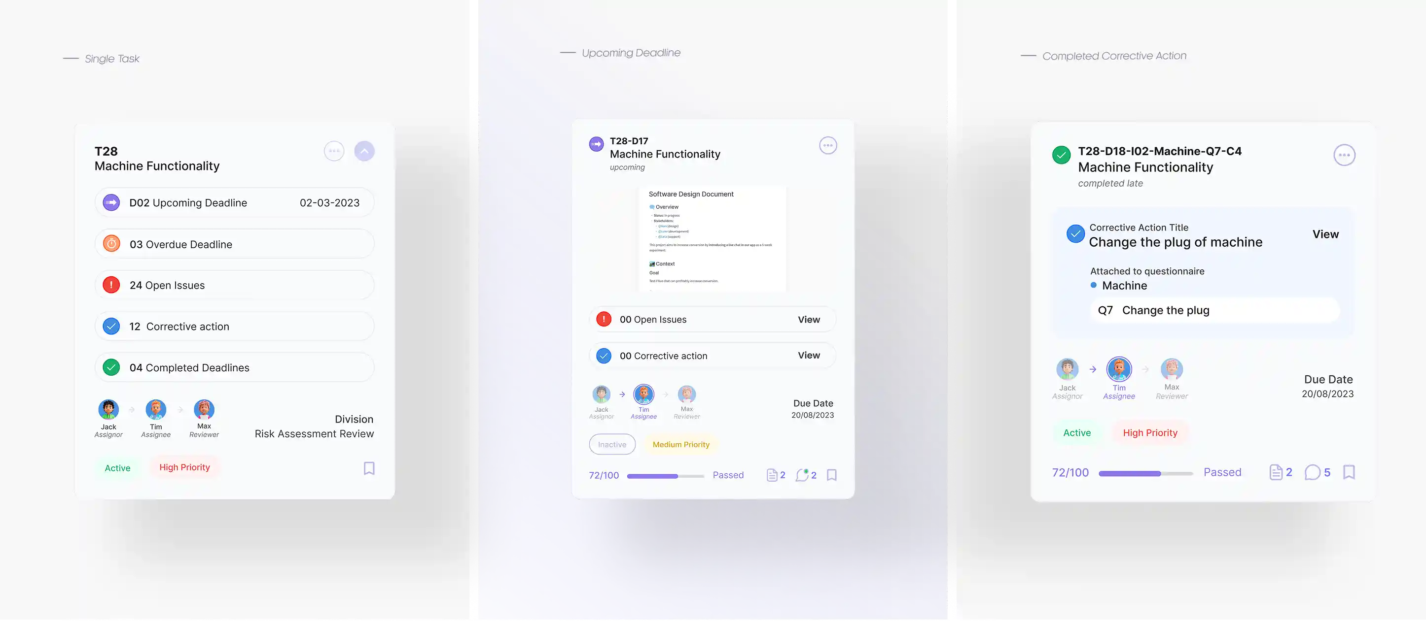Human Risks task module UI design showcasing single tasks, upcoming deadlines, and completed corrective actions