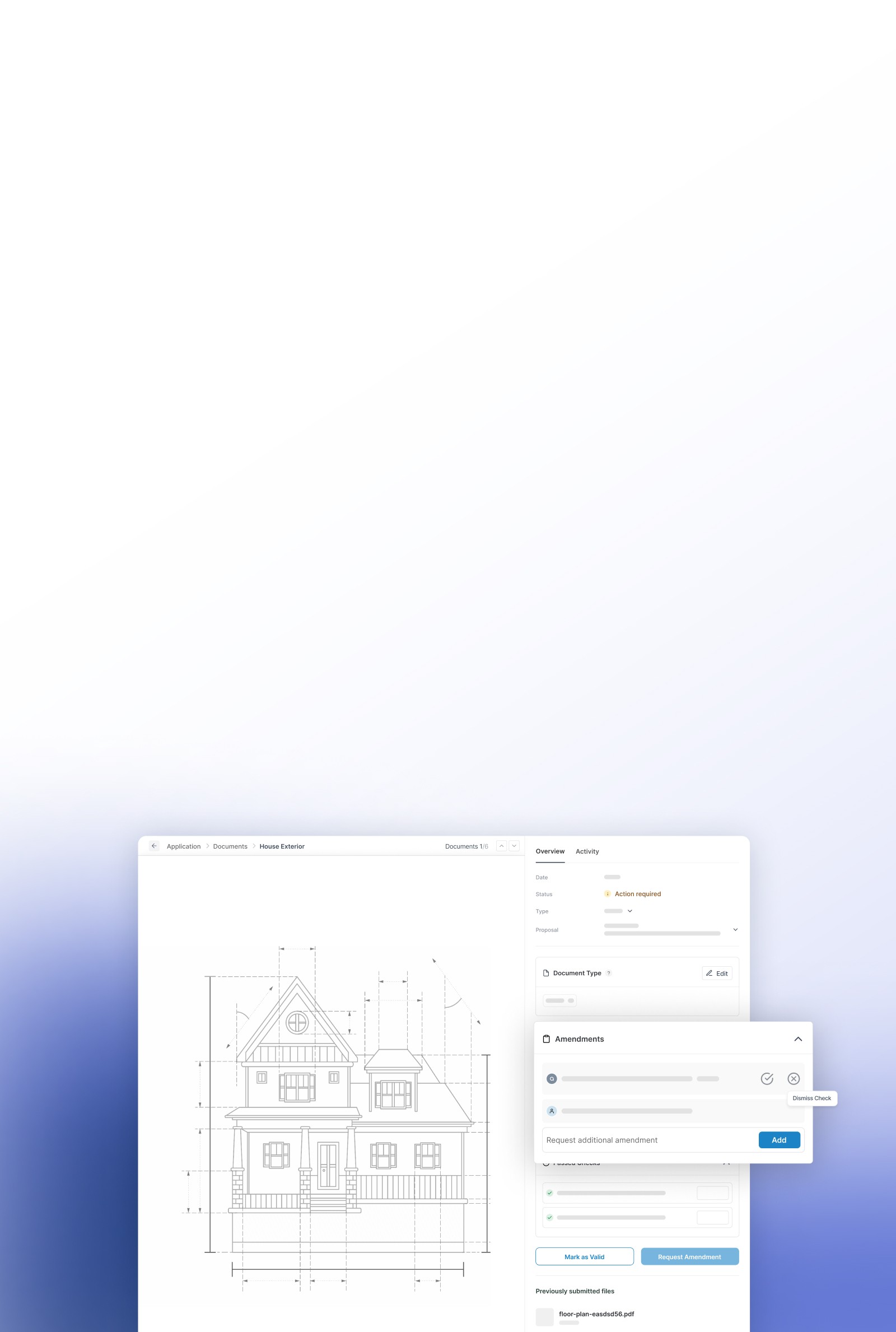 A person in a green sweater holds a pen and reviews a blueprint at a desk, with a small, paper model house in the foreground, suggesting architecture and home design concepts.