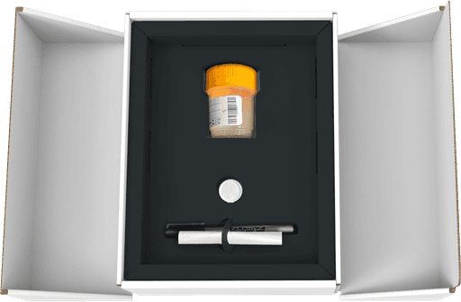 The Fellow Semen Analysis, opened to reveal the collection cup and preservation solution 