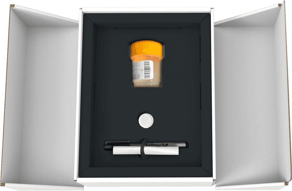 The Fellow Semen Analysis, opened to reveal the collection cup and preservation solution