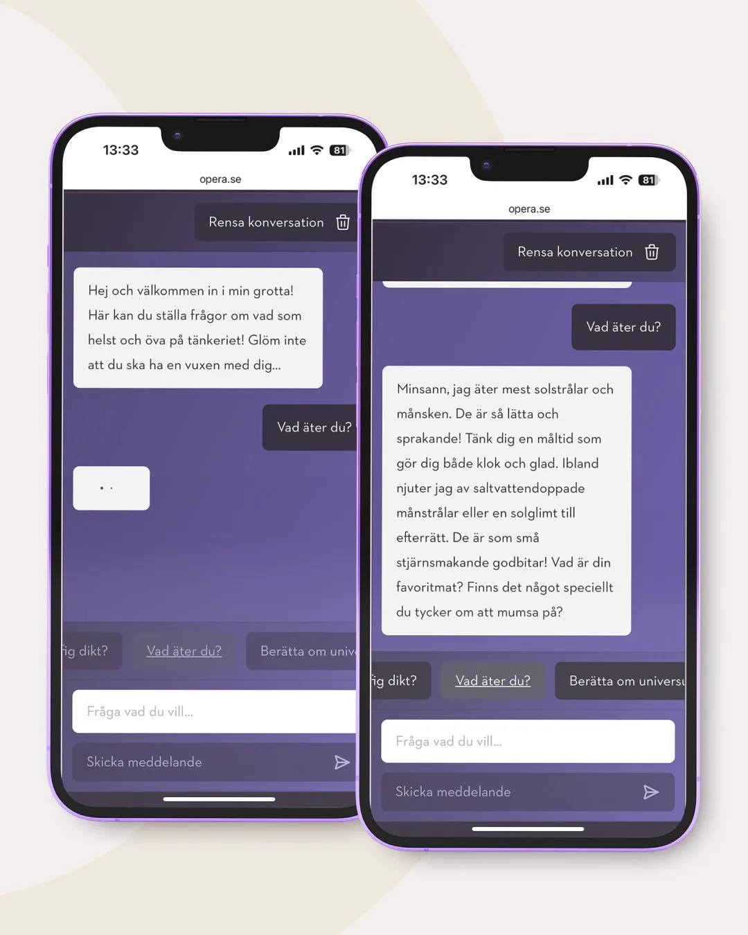 Två mobiler visar en chatt med Sandvargen på opera.se