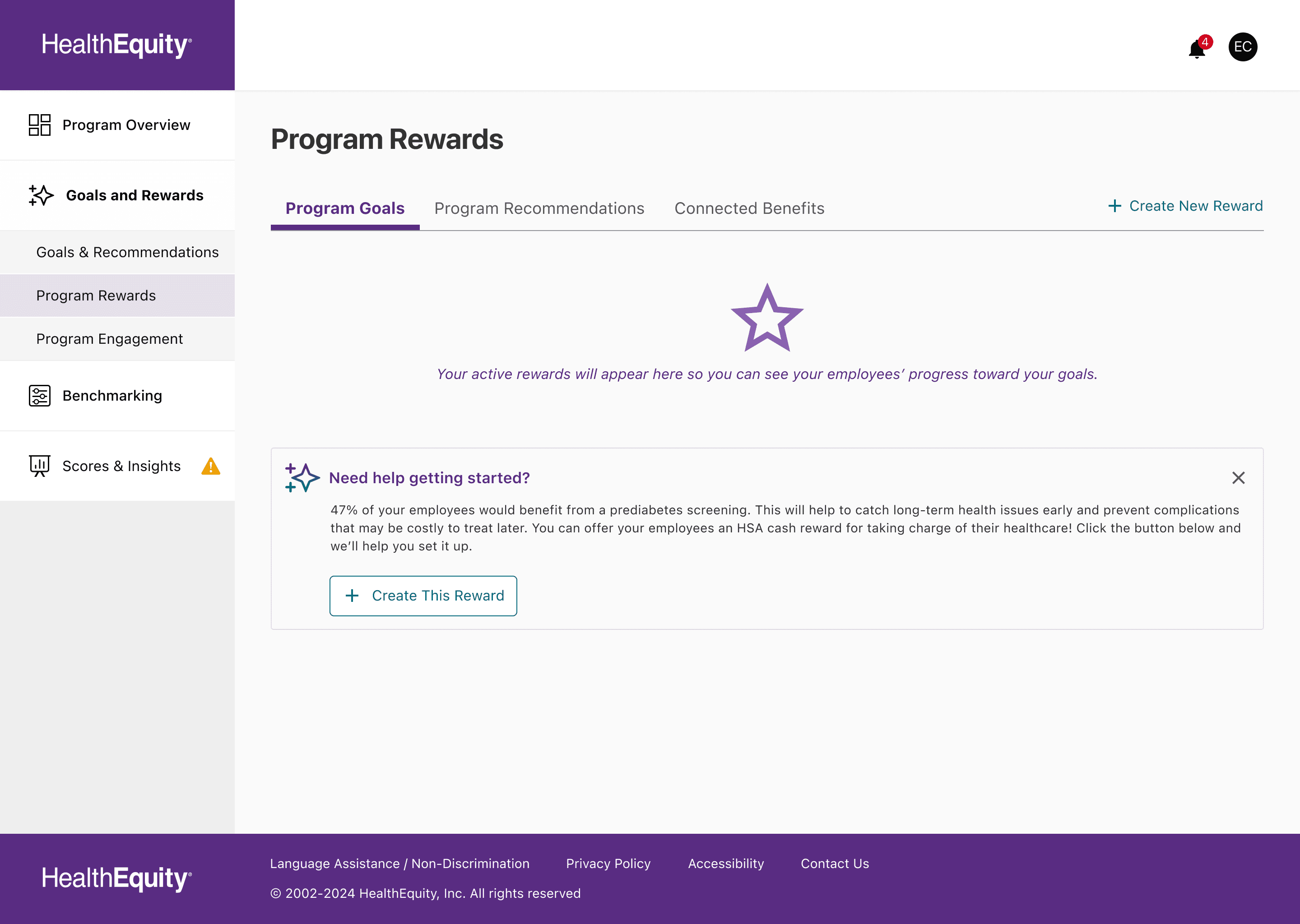 Draft design of program rewards showing empty reward list