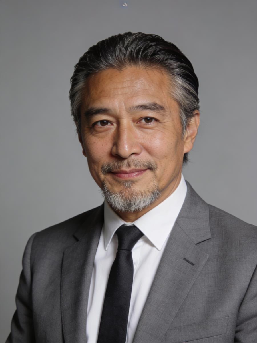 A confident middle-aged man with graying hair and a beard wears a gray suit and black tie, smiling slightly against a plain gray background.