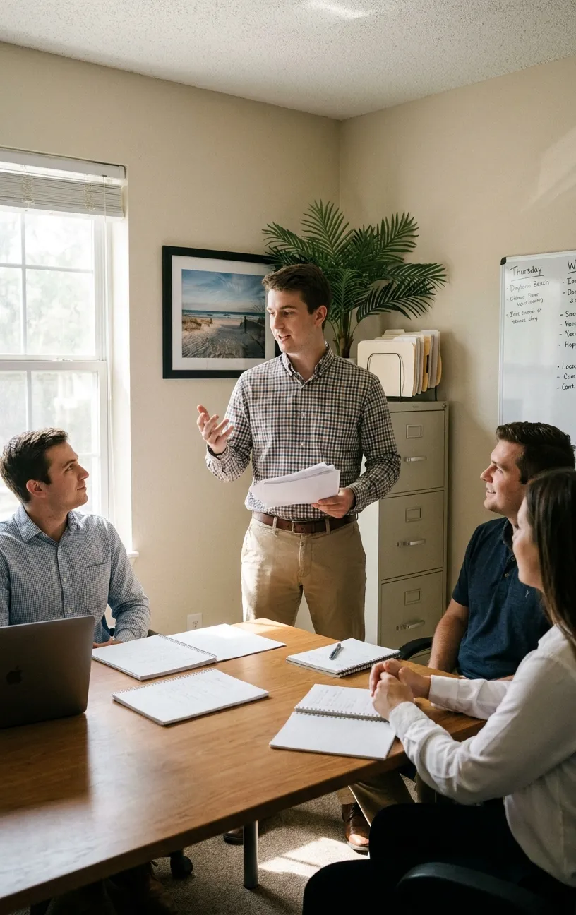 Man at desk reviewing files, RockN' Socials Digital Marketing Agency office.
