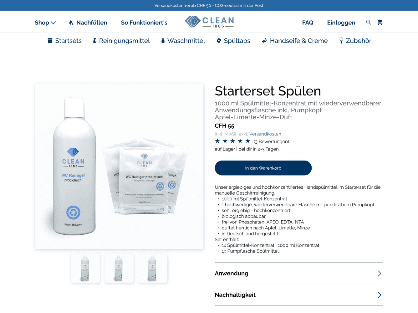 Clean 1885 product detail page for the Starterset Spülen, showing a reusable bottle, pricing, star rating, add to cart button, and a bullet-point product description