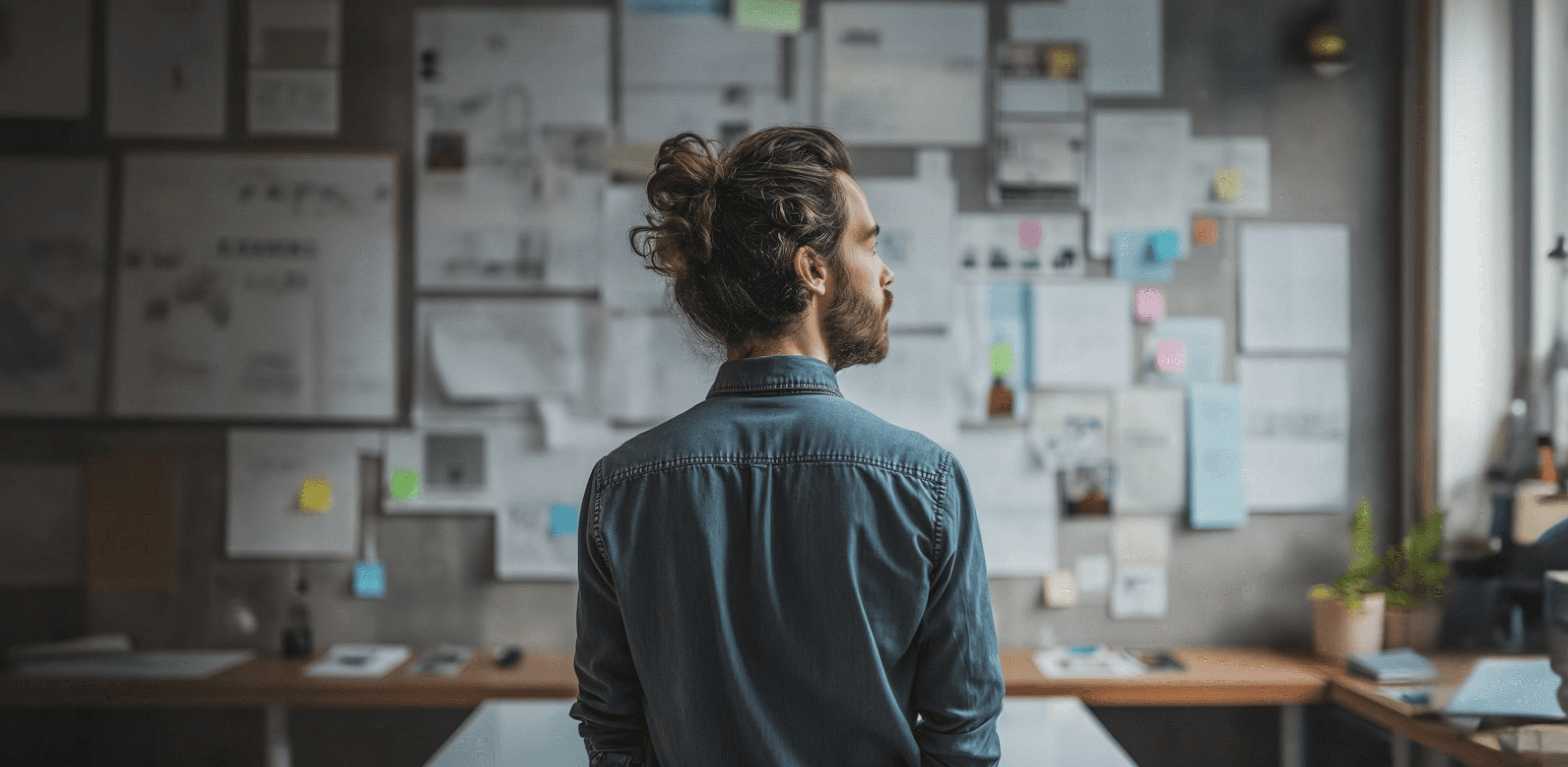 Man with bun, back to camera, facing a wall of notes.