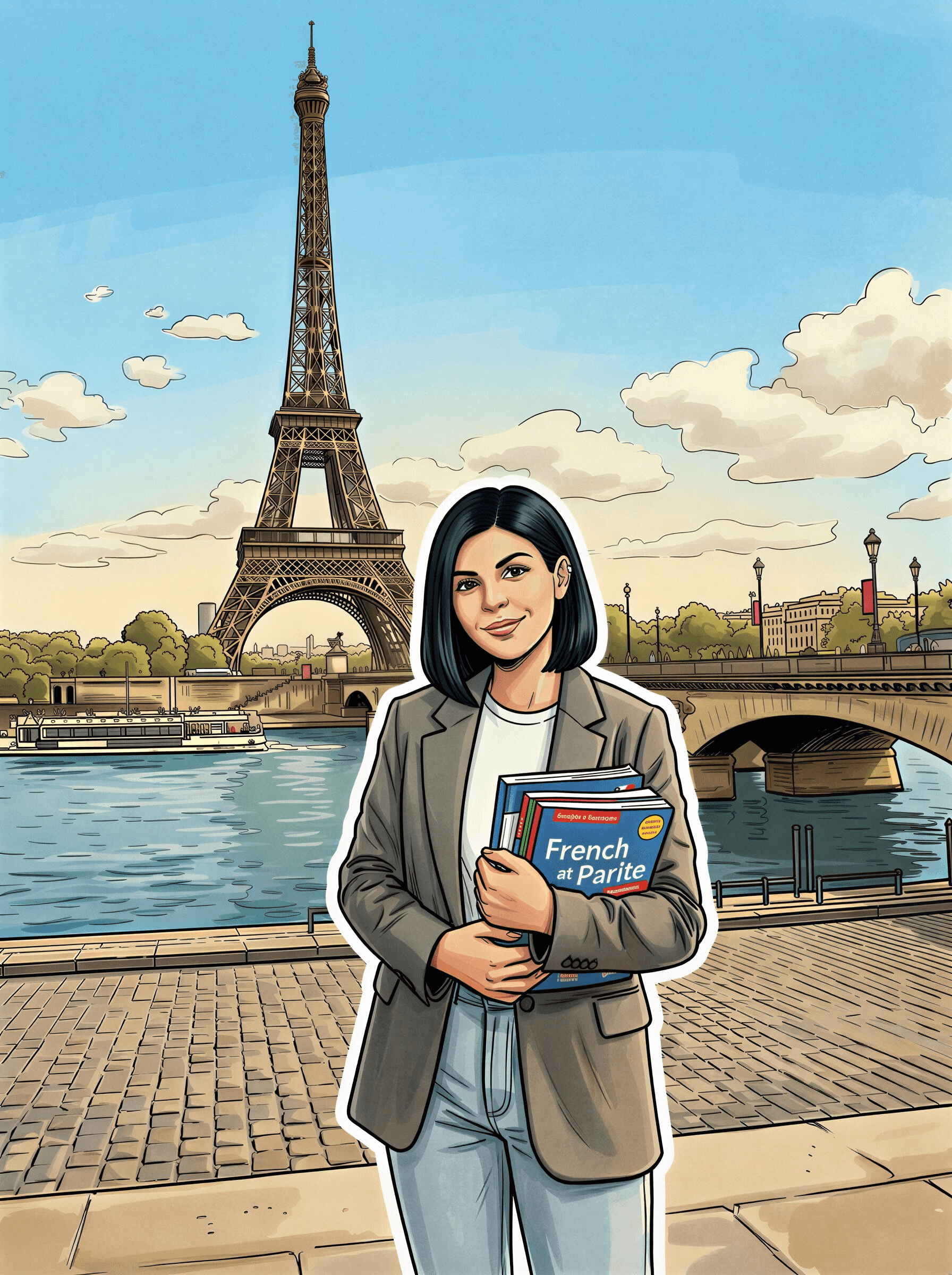 A young female French teacher standing in front of the Eiffel Tower in Paris, holding French textbooks, illustrated in a comic editorial style.