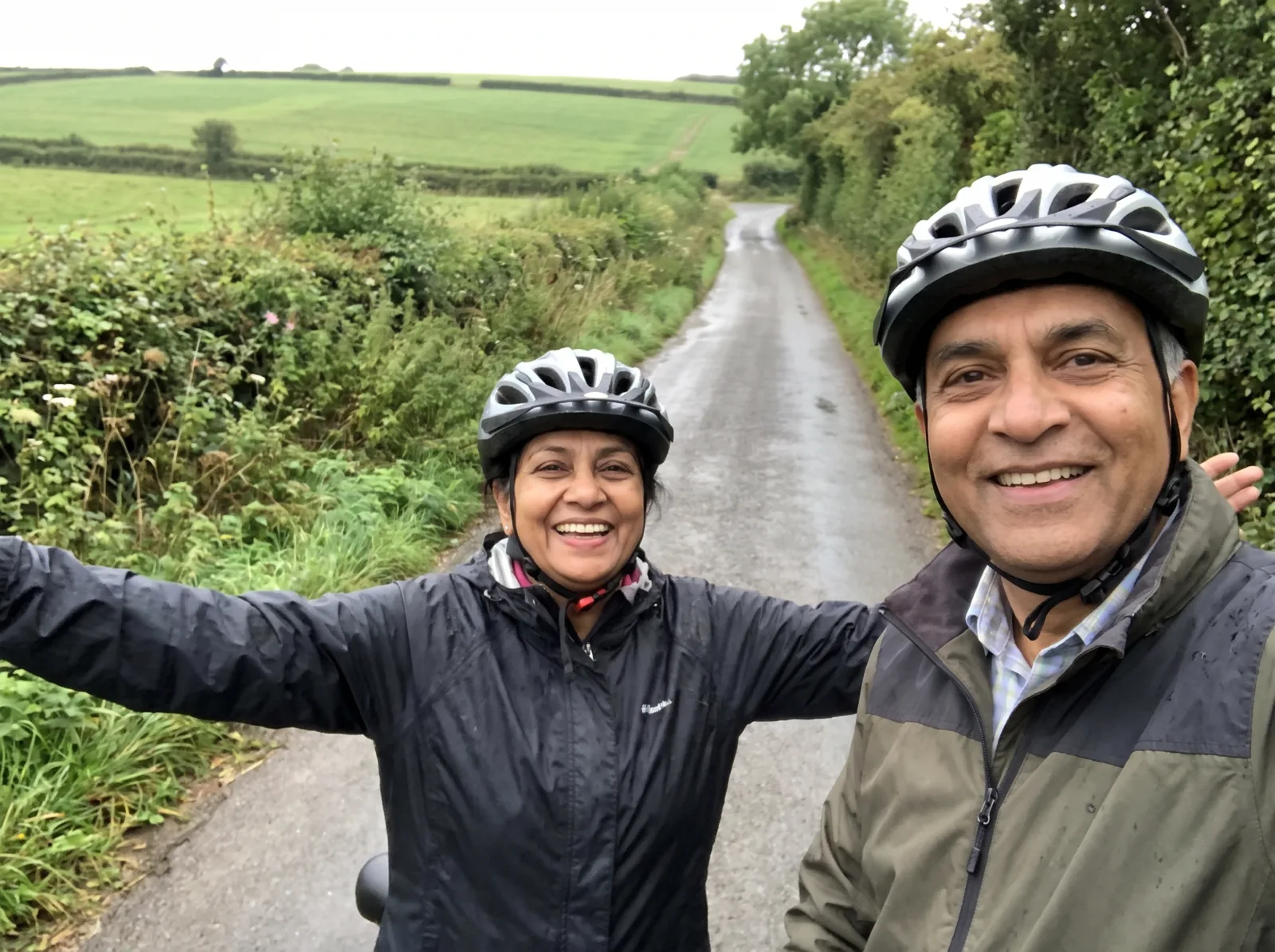 Meena and her husband on a countryside bike ride