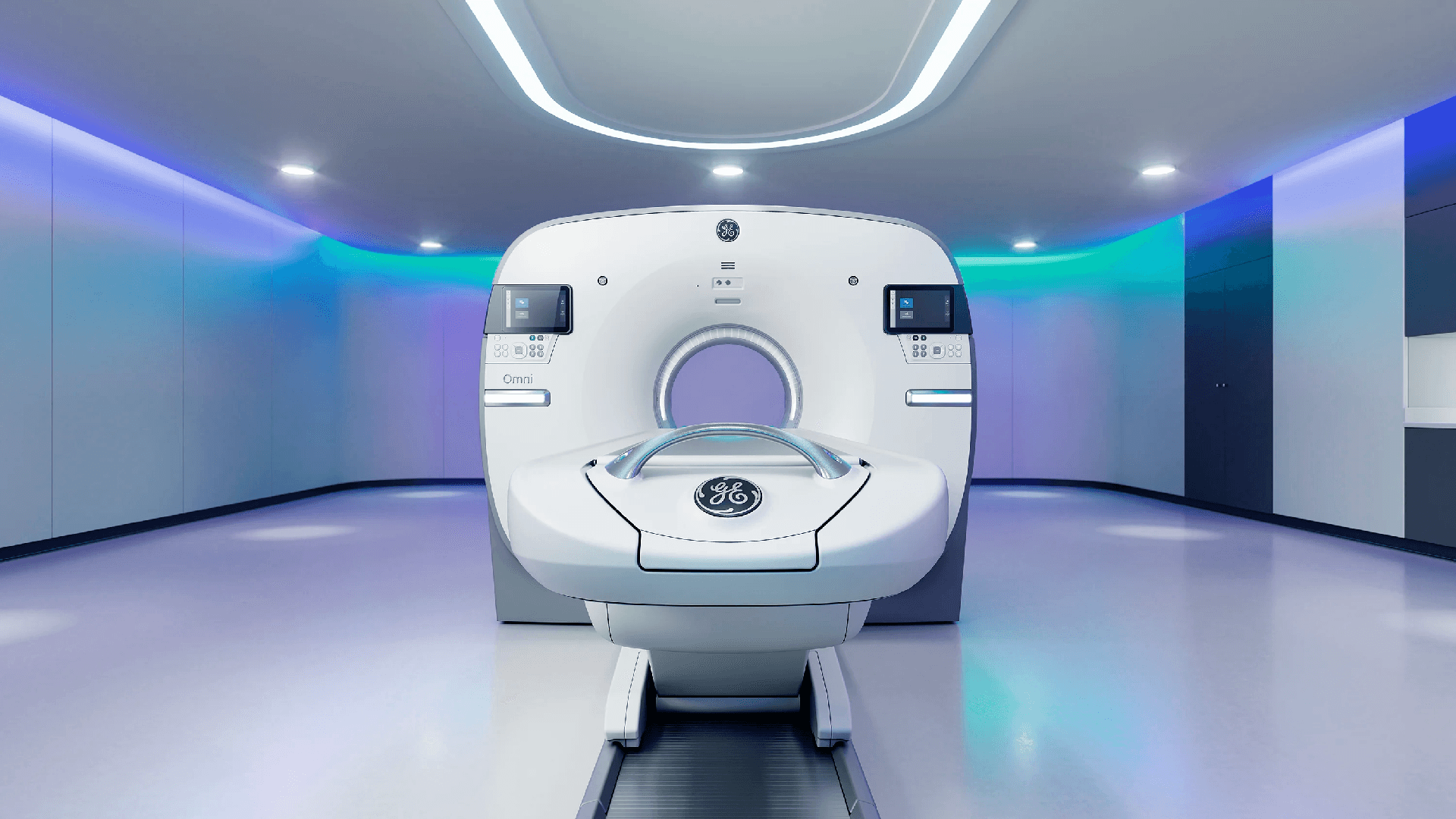 A modern MRI machine in a medical room. The setting is clean and high-tech.