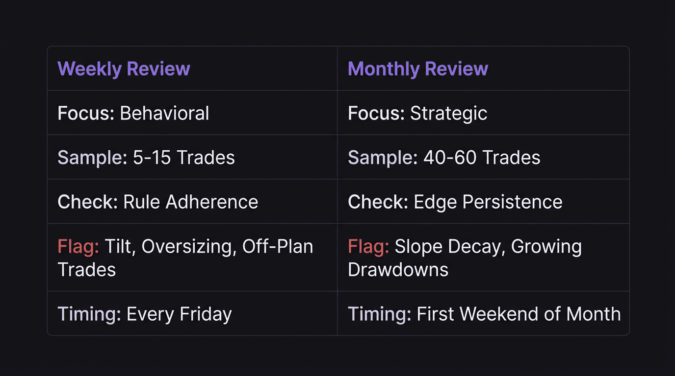 Comparison table showing weekly versus monthly equity curve review focus areas