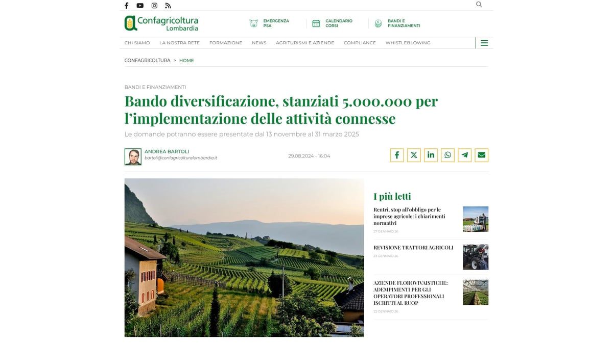 7 Opportunità di Finanziamenti Lombardia da Scoprire nel 2026 - Bando Diversificazione Attività Agricole