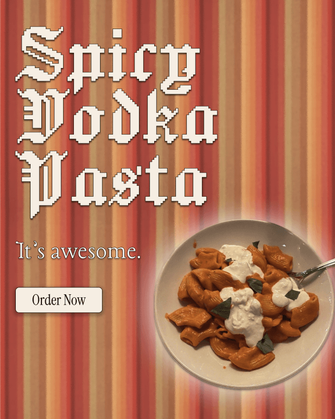 "Spicy Vodka Pasta" recipe graphic with hand-lettered gold text and food photo