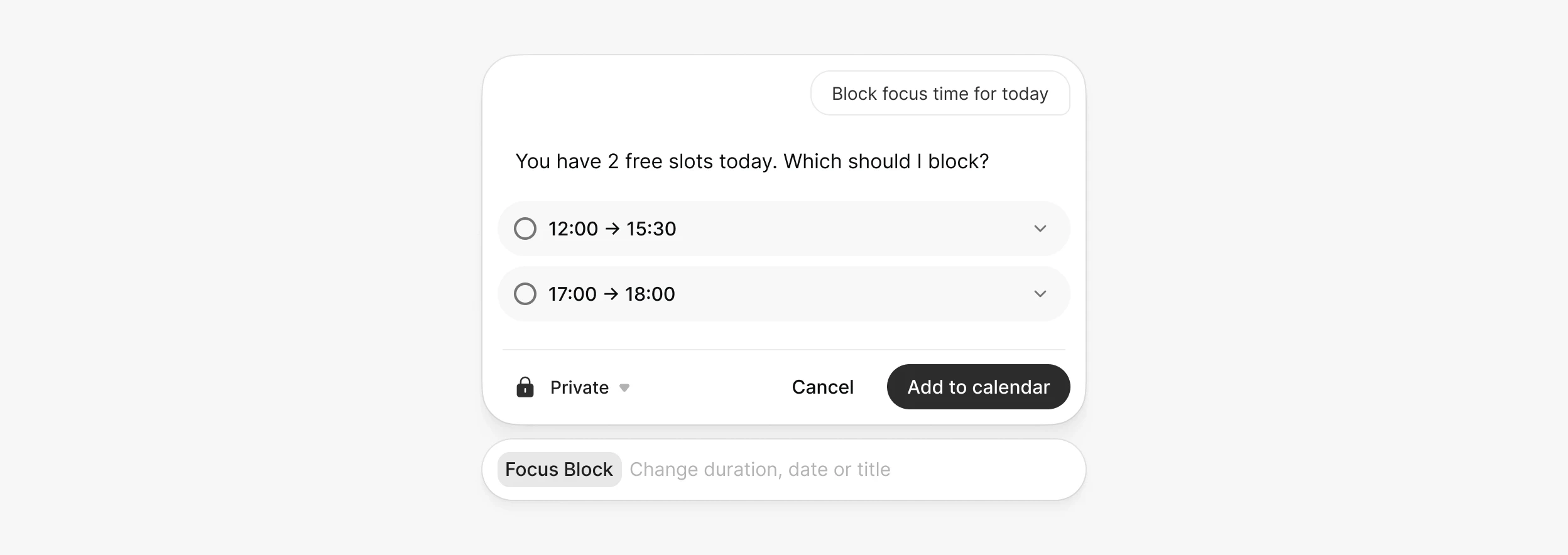 Pulse offers two free slots today, 12:00 to 15:30 and 17:00 to 18:00, to block as focus time