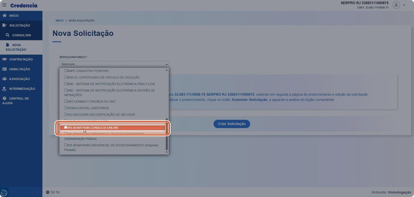 Captura de tela de referência do Credencia para Passo 4 — Selecionar WS-SENATRAN Consulta Online. Contexto: 05 — Serviço/Natureza.