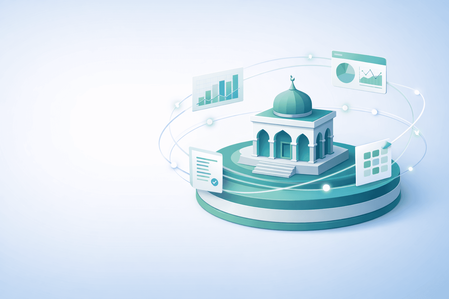 Ilustrasi ekosistem keuangan syariah & analitik terintegrasi. Di tengah, bangunan bergaya masjid dengan kubah hijau berdiri di atas platform melingkar hijau‑toska, dikelilingi alur data bercahaya. Di sekelilingnya terdapat panel dashboard berisi grafik batang meningkat, pie chart, dokumen checklist, dan grid kalender, yang melambangkan monitoring kinerja, kepatuhan, dan pelaporan. Palet warna hijau memberi kesan keuangan syariah, stabilitas, dan kepercayaan, dengan latar minimalis yang menekankan integrasi data dan pengambilan keputusan berbasis analitik.