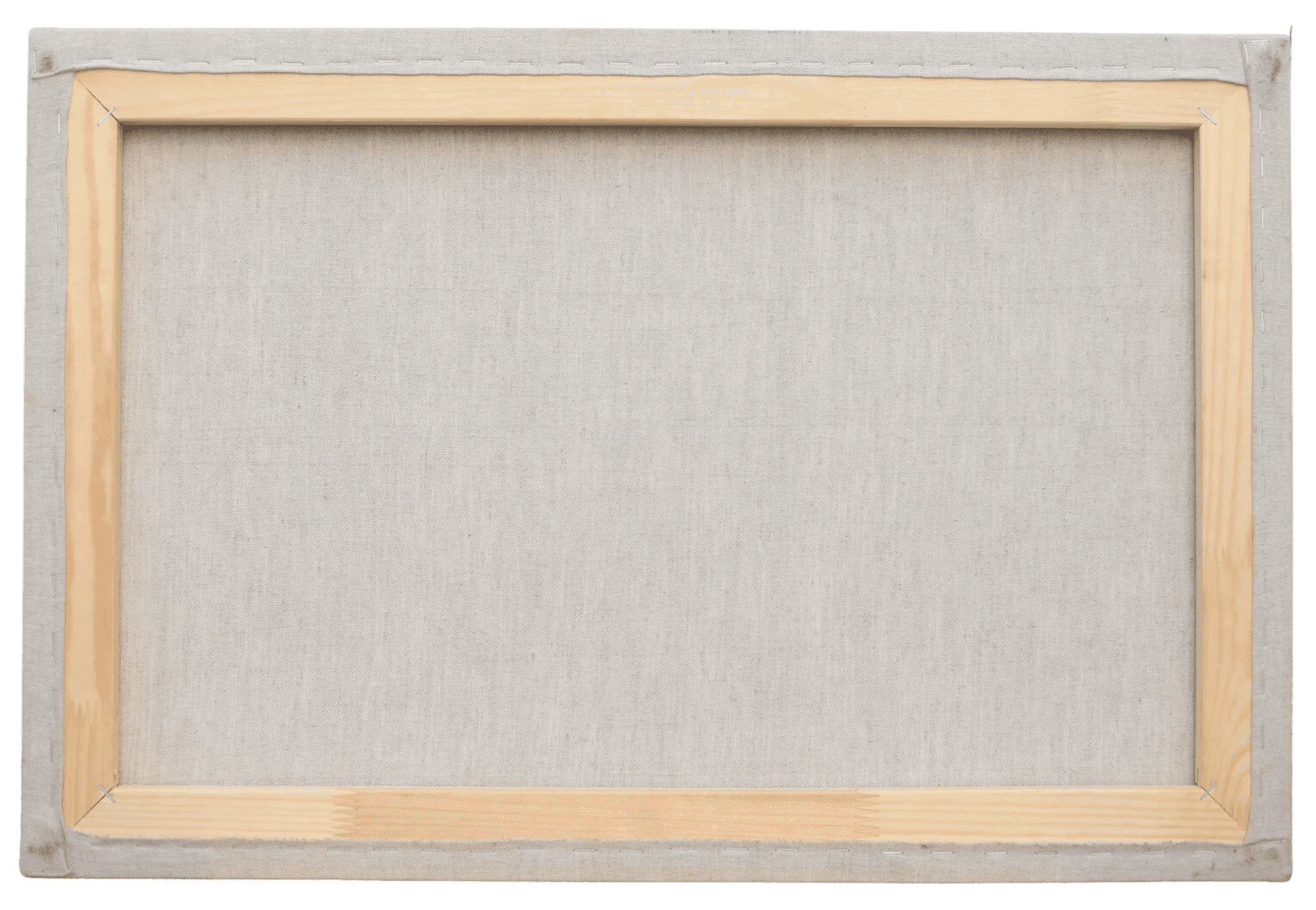 A blank canvas is stretched over a wooden frame, primed and ready for painting, leaning against a plain white wall.