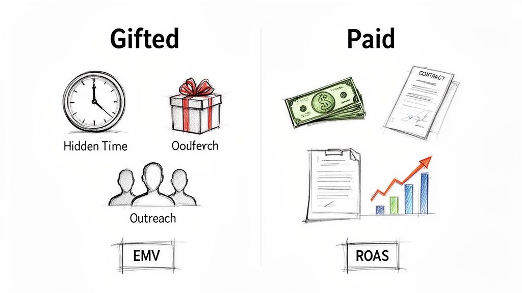 Visual comparison of 'Gifted' and 'Paid' marketing strategies, illustrating their distinct inputs and performance metrics.