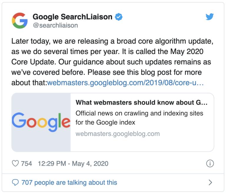 Twitter post showing the Google Core Update for Ma 2020