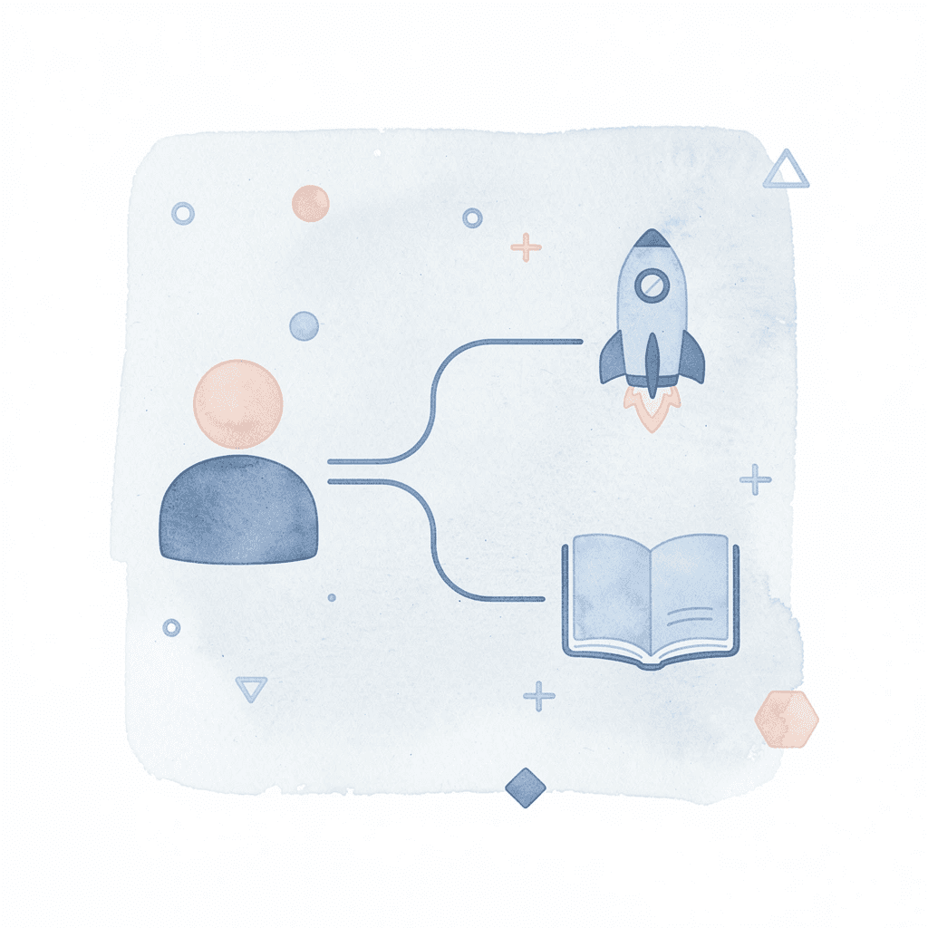 Icon showing a single path splitting into two outcomes: faster or slower to production