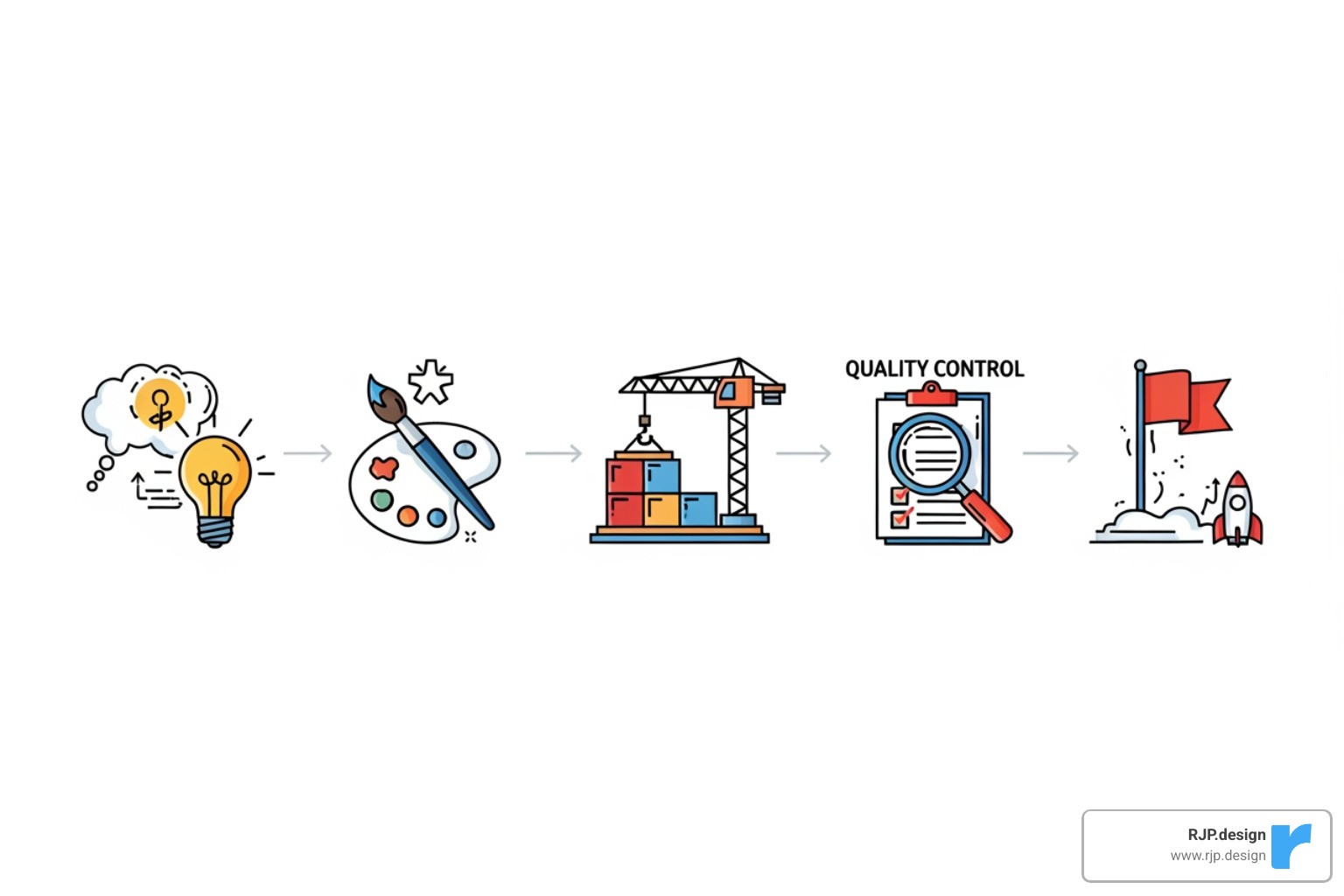 simple flowchart showing the 5 stages of a website redesign: Strategy > Design > Development > Testing > Launch - WordPress website redesign services