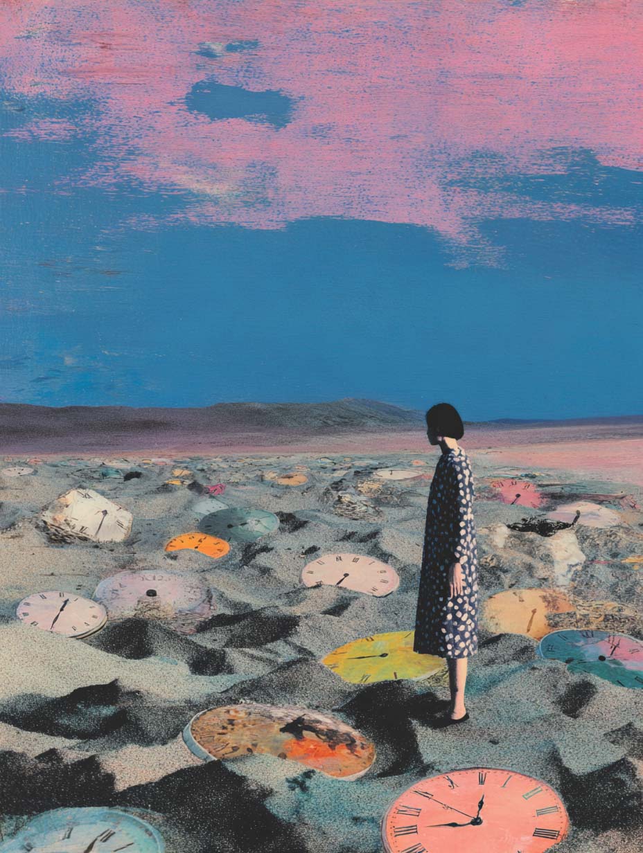 Conceptual artwork of a lone figure standing in a field of clocks, exploring time and reflection.