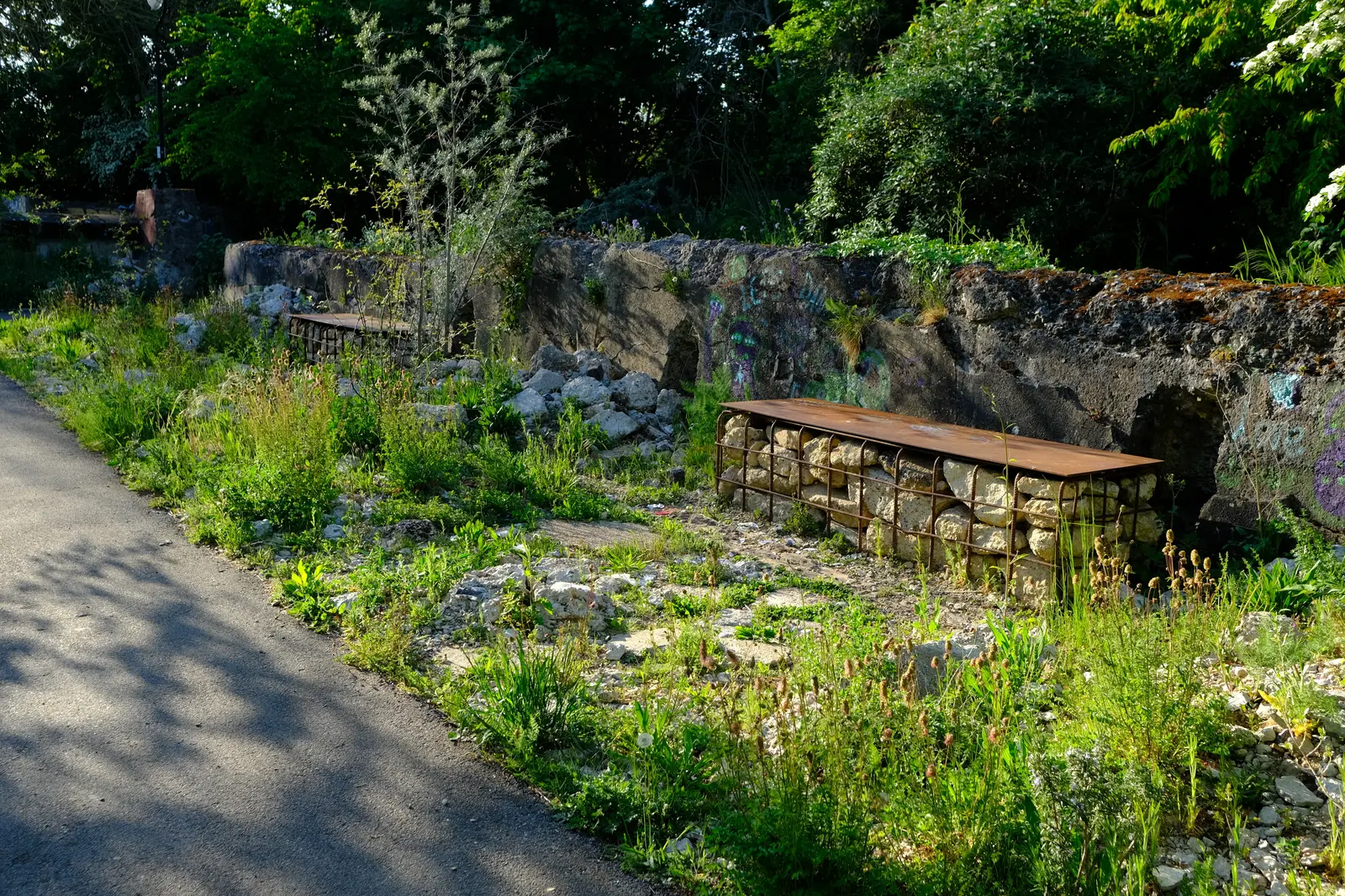 A serene outdoor scene with lush greenery and a stone wall, suggesting a peaceful natural environment.