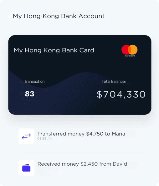 UK bank account interface displaying a Mastercard with a balance of £704,330 and recent transactions including a transfer of £4,750 to Maria and a receipt of £2,450 from David. The screen showcases a sleek design with transaction details and timings.