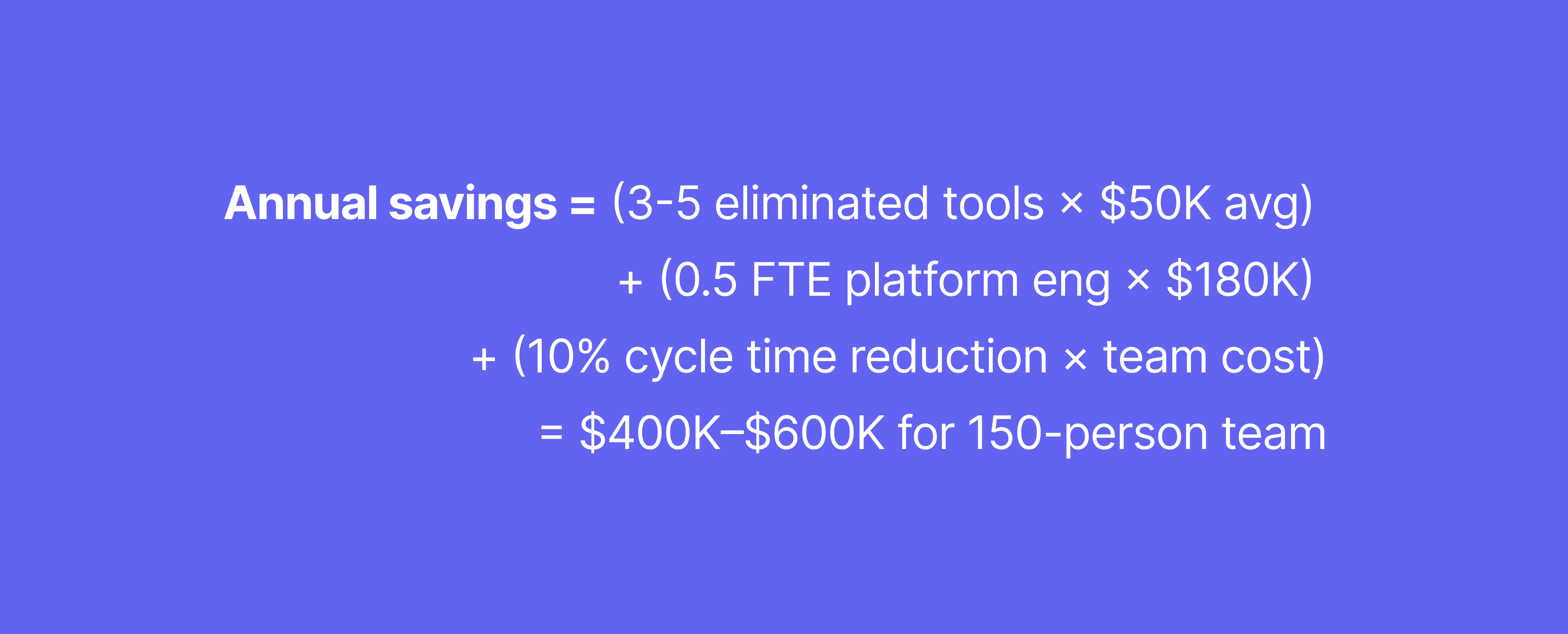 Annual savings = (3-5 eliminated tools × $50K avg)&nbsp;  &nbsp;&nbsp;&nbsp;&nbsp;&nbsp;&nbsp;&nbsp;&nbsp;&nbsp;&nbsp;&nbsp;&nbsp;&nbsp;&nbsp;&nbsp;&nbsp;+ (0.5 FTE platform eng × $180K)&nbsp;  &nbsp;&nbsp;&nbsp;&nbsp;&nbsp;&nbsp;&nbsp;&nbsp;&nbsp;&nbsp;&nbsp;&nbsp;&nbsp;&nbsp;&nbsp;&nbsp;+ (10% cycle time reduction × team cost)  &nbsp;&nbsp;&nbsp;&nbsp;&nbsp;&nbsp;&nbsp;&nbsp;&nbsp;&nbsp;&nbsp;&nbsp;&nbsp;&nbsp;&nbsp;&nbsp;= $400K–$600K for 150-person team