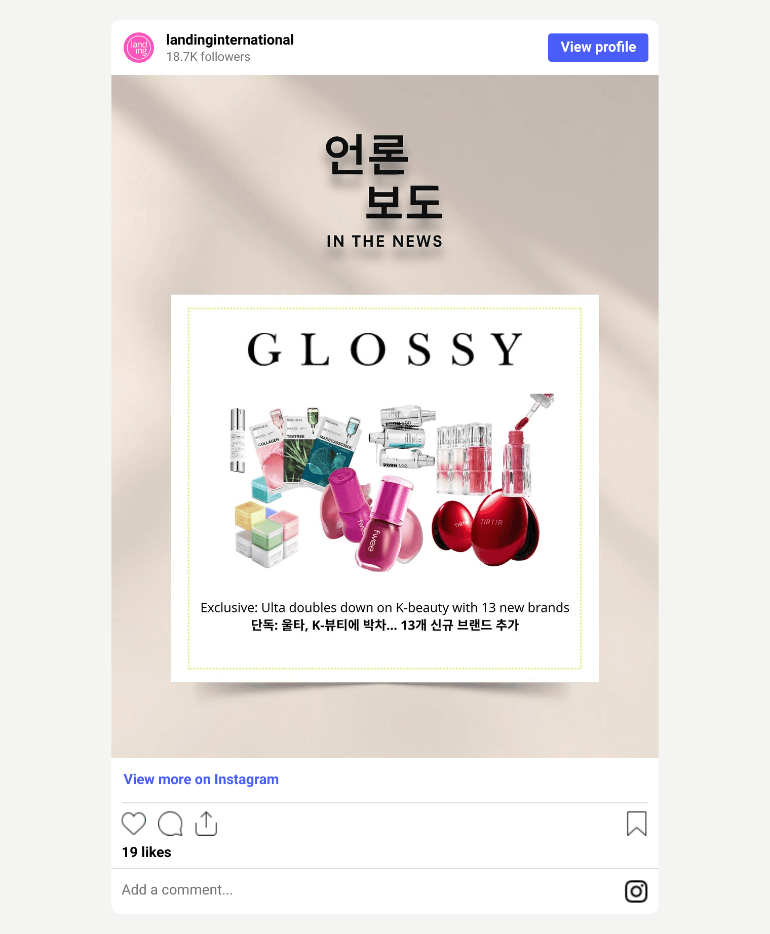 Landing International Instagram post on Ulta adding 13 K-beauty brands