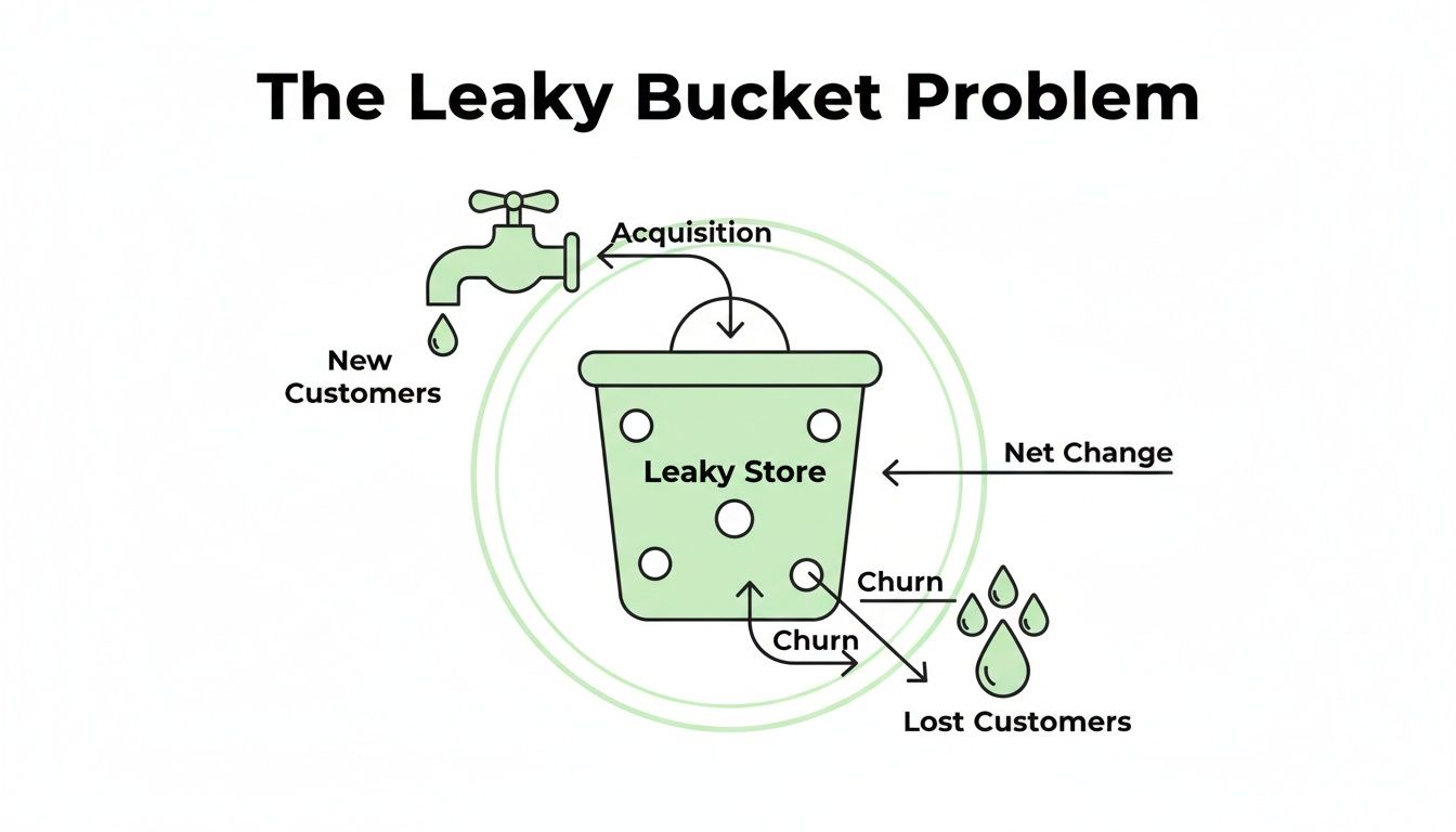 Diagram illustrating the leaky bucket problem, showing customer acquisition, churn, and lost customers from a leaky store.