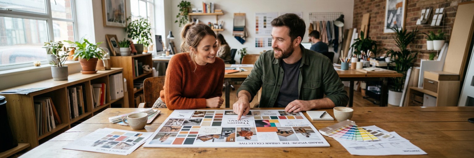 Brand strategy workshop. Two creative professionals reviewing a branding mood board and colour swatches in a modern agency studio — Penguincil DesignBrand strategy workshop. Two creative professionals reviewing a branding mood board and colour swatches in a modern agency studio — Penguincil Design