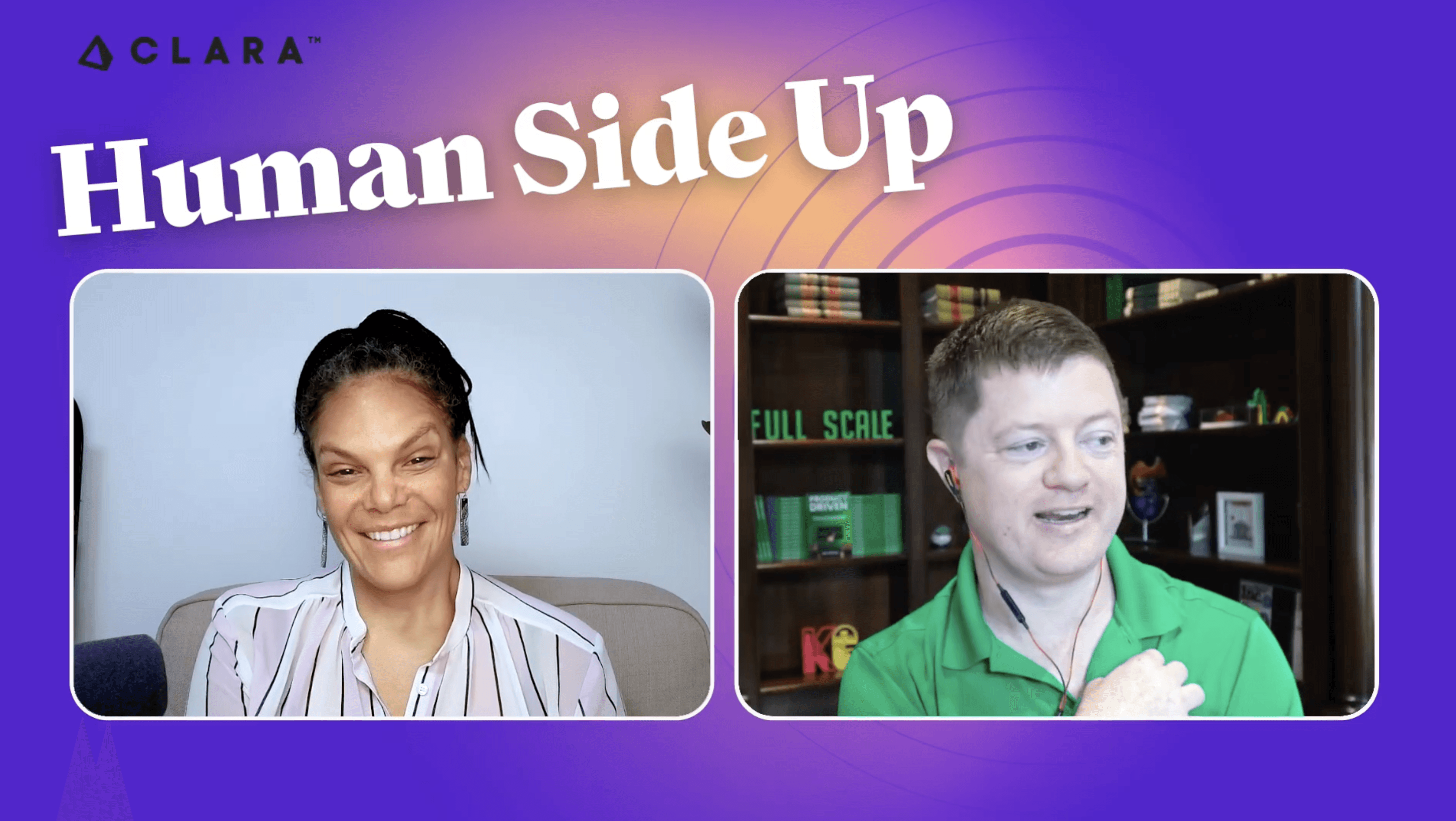 woman and man in two frames speak on podcast with purple background