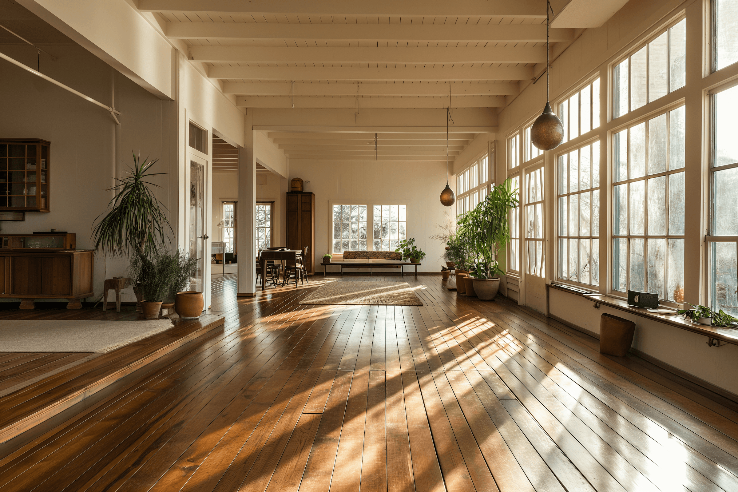 Spacious living room with natural wood flooring, exposed beam ceiling, floor-to-ceiling windows, warm sunlight, and indoor plants