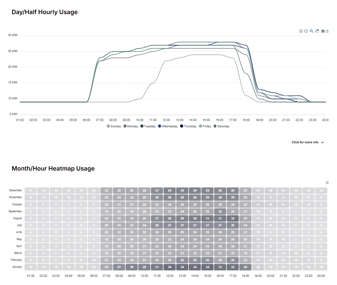 Hay/Half Hourly Usage Heatmap and Month/Hour graph of a business