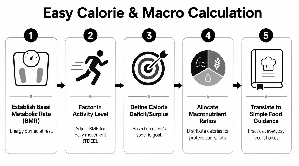 A 5-step infographic explaining how to calculate calorie and macronutrient requirements for a healthy diet.